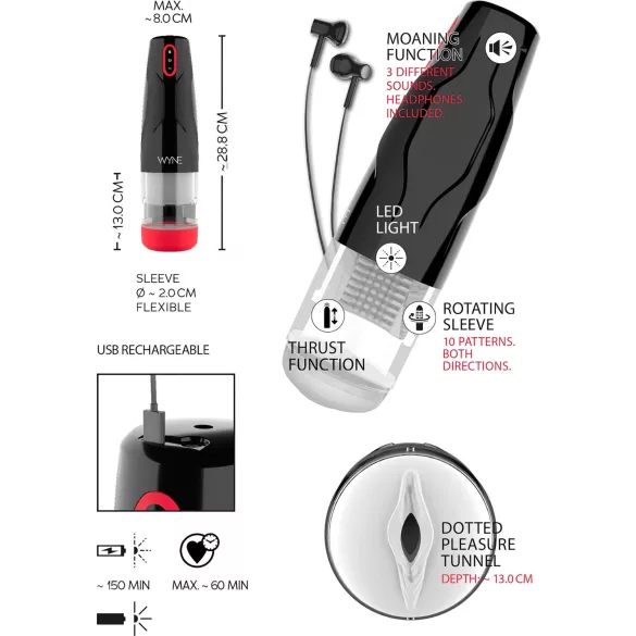 WYNE 05 - masturbatore rotante ricaricabile - silicone nero bianco