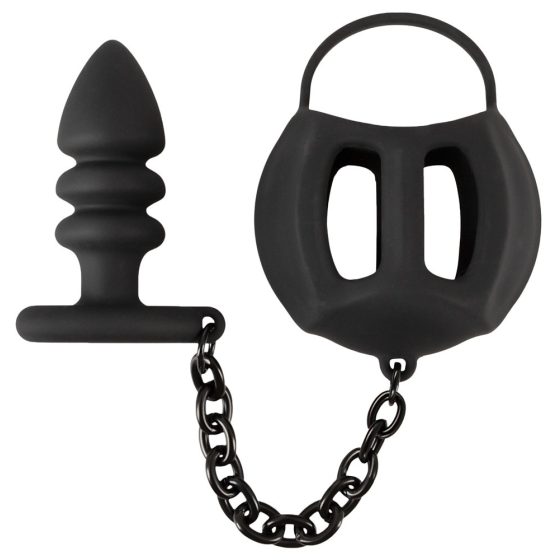 Gabbia per testicoli in silicone con dildo anale Black Velvet (nero)