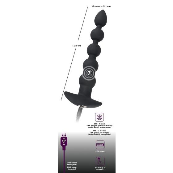 Velvet Nero - Vibratore anale ricaricabile con 5 perle (nero)