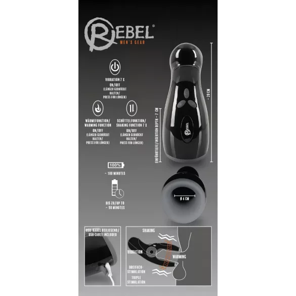 Rebel - masturbatore riscaldabile vibrante movimento su e giù - nero
