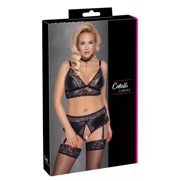 Cottelli Curves - set lingerie effetto lucido - nero - 3XL
