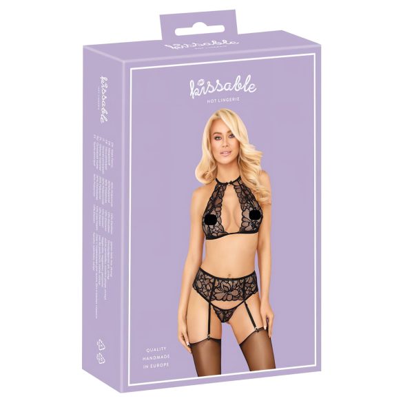 Baciabili - set reggiseno in pizzo con laccio al collo (nero) - L/XL
