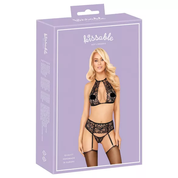 Baciabili - set reggiseno in pizzo con laccio al collo (nero) - L/XL