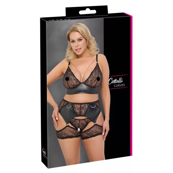 Cottelli Curves - set reggiseno e slip pizzo con inserti effetto pelle - nero - 2XL