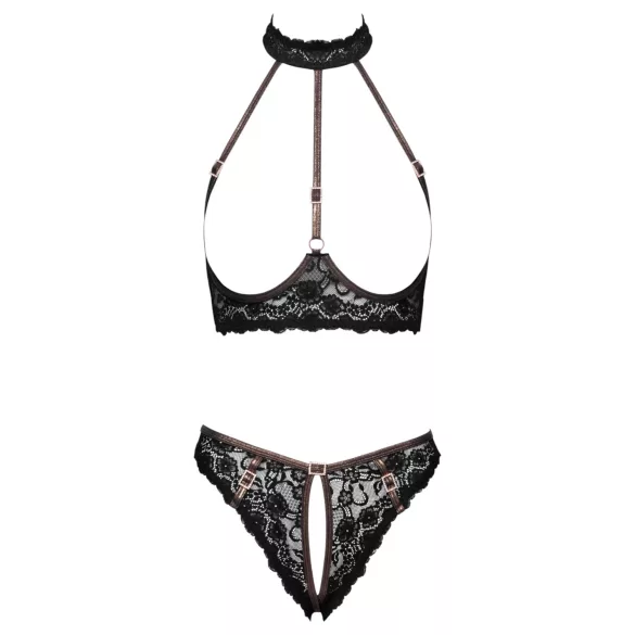 Cottelli - Reggiseno aperto in pizzo e perizoma con dettagli color oro rosa (nero)