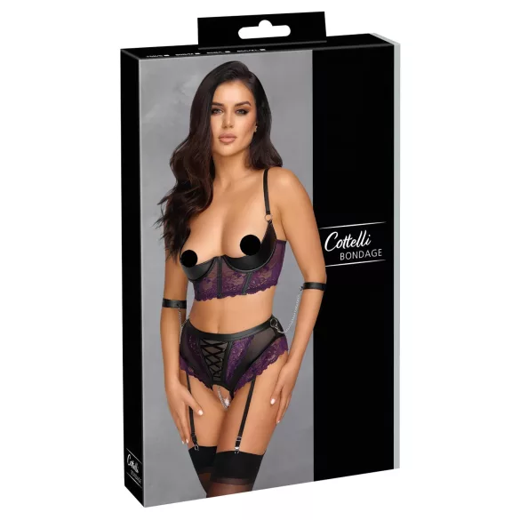 Cottelli Bondage - set reggiseno e polsini - nero viola - L