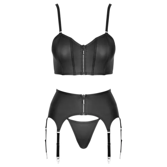 Cottelli - Set nero con corsetto con cerniera, reggicalze e perizoma