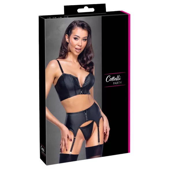 Cottelli - Set nero con corsetto con cerniera, reggicalze e perizoma - M