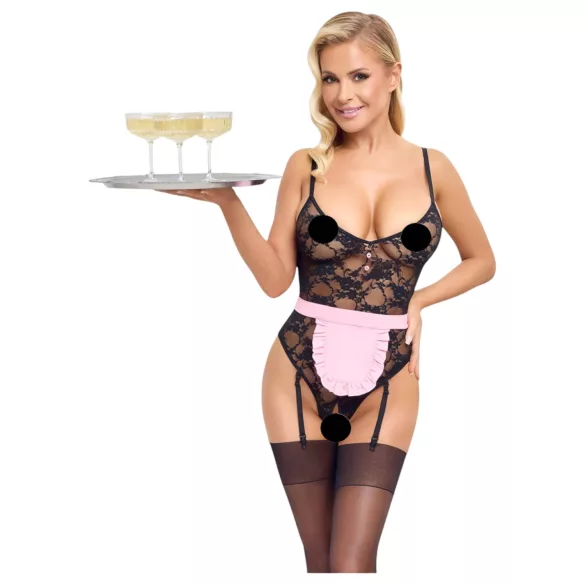 Cottelli - costume cameriera sexy trasparente - nero/rosa