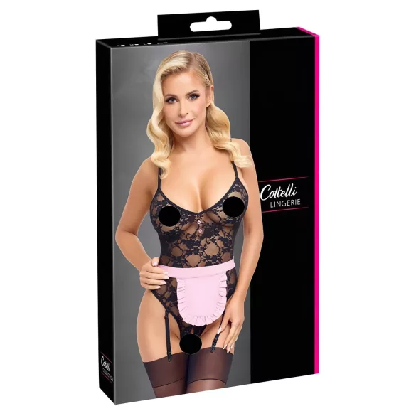 Cottelli - costume cameriera sexy trasparente - nero/rosa