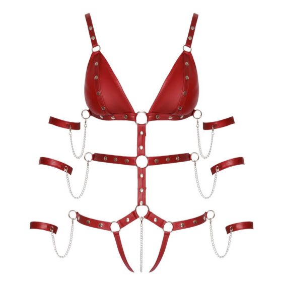 Body bondage rosso con borchie e catenine decorative