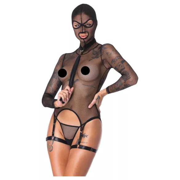 Bad Kitty - set BDSM rete trasparente con frusta - nero - L