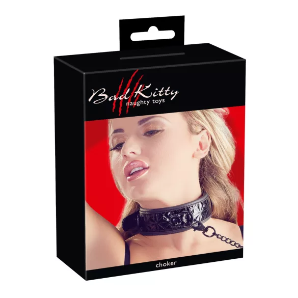 Bad Kitty - collare con pietre decorative e guinzaglio - nero