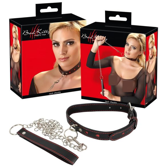 Bad Kitty - collare con cuore e guinzaglio in metallo (nero)