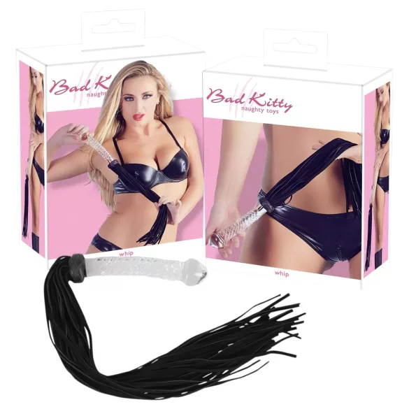 Bad Kitty - frusta in pelle con dildo in vetro - trasparente/nero