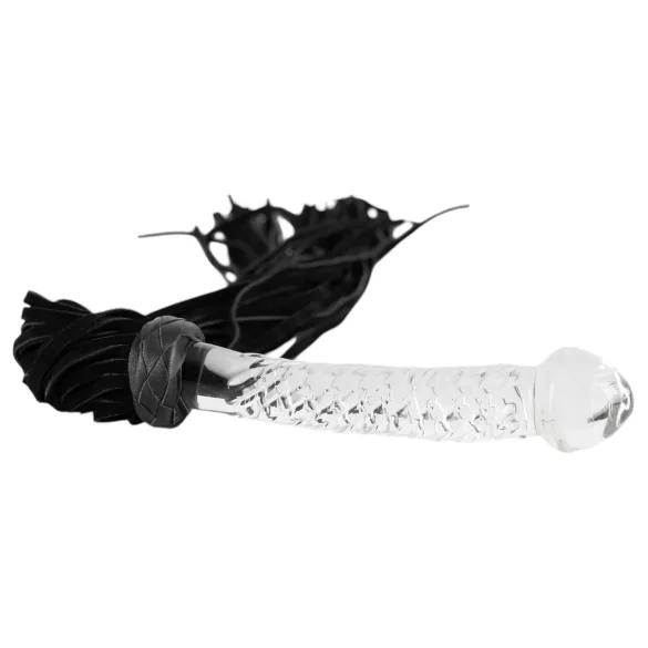 Bad Kitty - frusta in pelle con dildo in vetro - trasparente/nero