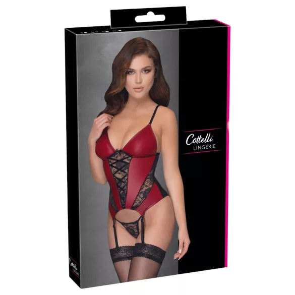 Cottelli - Corsetto con reggicalze e inserti in pizzo, con perizoma (rosso) - M