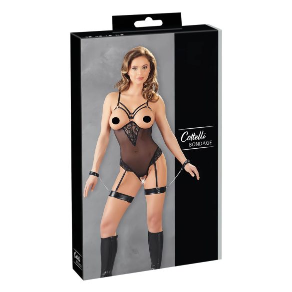 Cottelli Bondage - Body nero con anelli metallici e polsiere - XL
