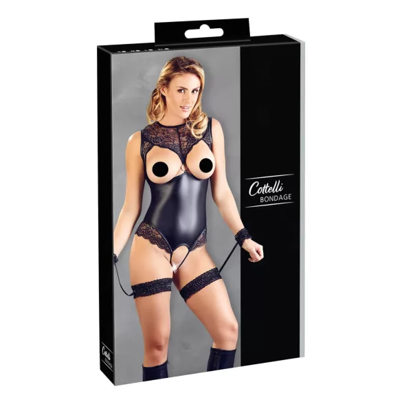 Cottelli Bondage - body aperto lucido con polsini per polsi - nero