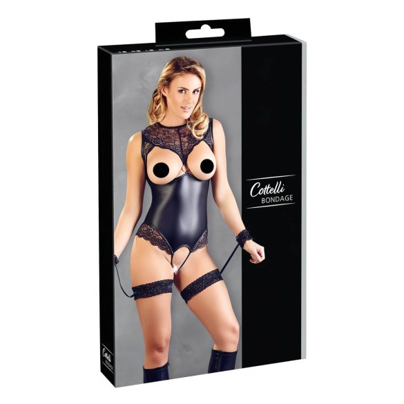 Cottelli Bondage - body lucido aperto con manette (nero) - L