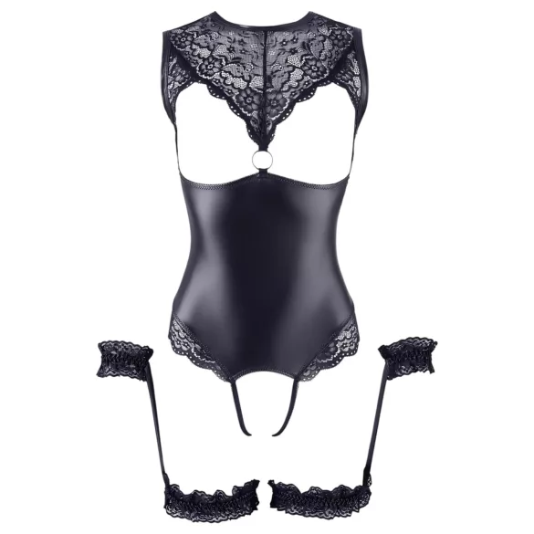 Cottelli Bondage - body aperto lucido con polsini per polsi - nero - L