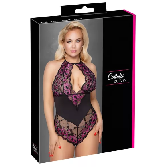 Cottelli Plus Size - body floreale - nero e lilla - 3XL