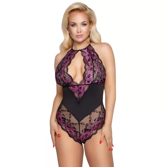 Cottelli Plus Size - body floreale - nero e lilla - 3XL