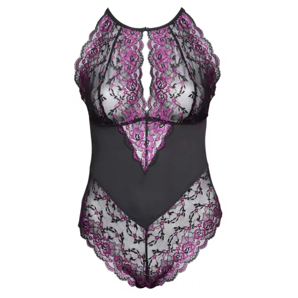 Cottelli Plus Size - body floreale - nero e lilla - 3XL