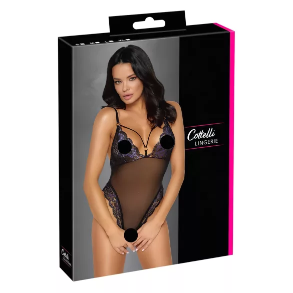 Cottelli - body aperto in pizzo ricamato - nero e lilla - M