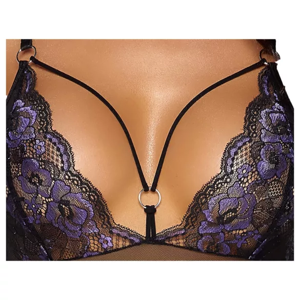 Cottelli - body aperto in pizzo ricamato - nero e lilla - M