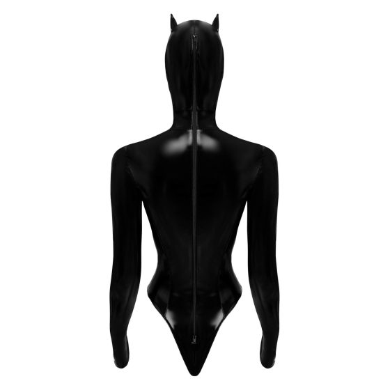 Body Lucido Nero con Maniche Lunghe e Decorazione a Corsetto - Maschera Batwoman Inclusa