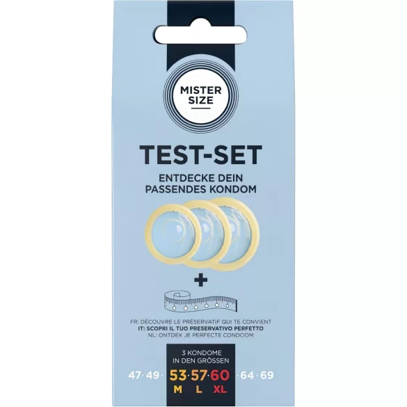 Mister Size Test-Set - confezione di prova di preservativi con metro di misurazione (3 pz)