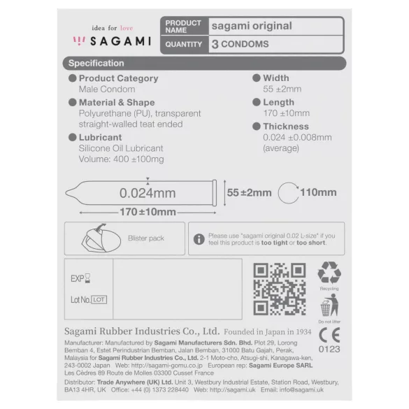 Sagami Original 0,02 - preservativo - ultra sottile - 55mm (3 pezzi)