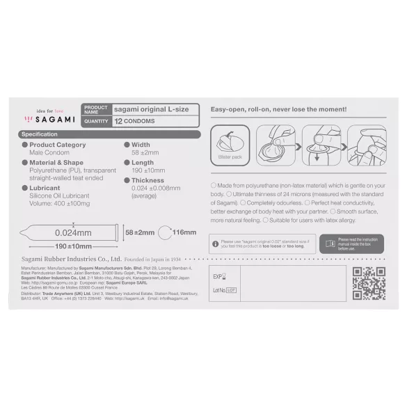 Sagami Original 0,02 L - preservativi - 58mm - confezione da 12