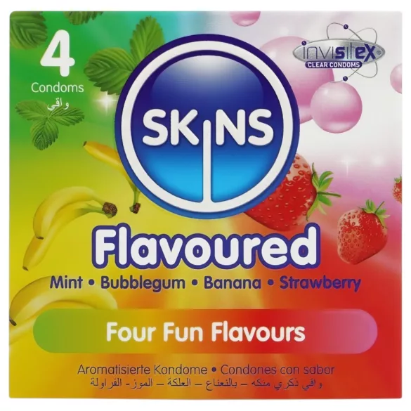 Skins - preservativi aromatizzati - menta, gomma da masticare, banana, fragola (4 pz)