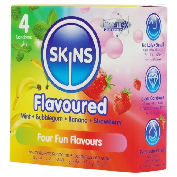 Skins - preservativi aromatizzati - menta, gomma da masticare, banana, fragola (4 pz)