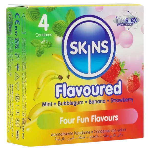 Skins - preservativi aromatizzati - menta, gomma da masticare, banana, fragola (4 pz)