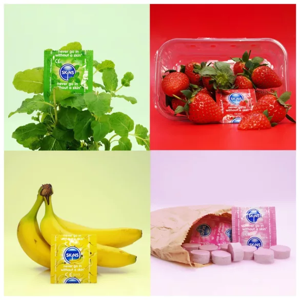 Skins - preservativi aromatizzati - menta, gomma da masticare, banana, fragola (4 pz)