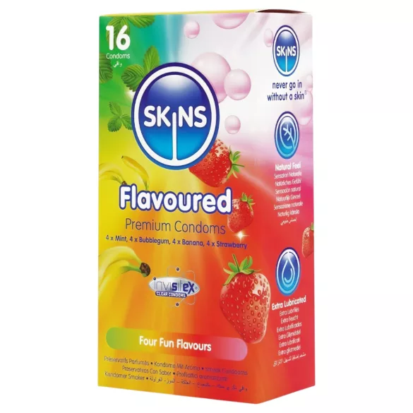 Skins - preservativi aromatizzati - menta, gomma da masticare, banana, fragola (16 pz)