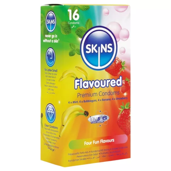 Skins - preservativi aromatizzati - menta, gomma da masticare, banana, fragola (16 pz)