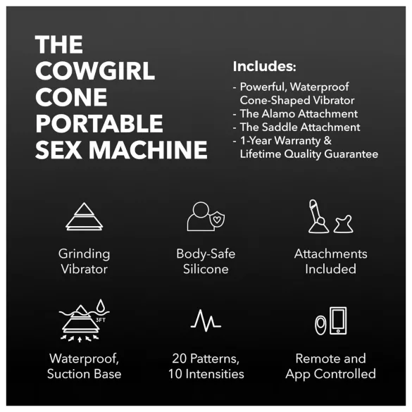 The Cowgirl Cone - macchina del sesso premium controllata tramite app - con 2 accessori intercambiabili, 20 modalità di vibrazione (nero)