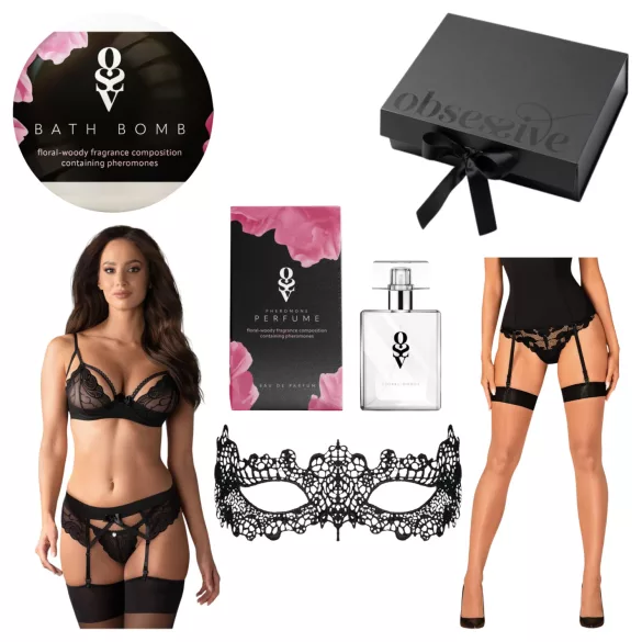 Obsessive Wonderia - Set di Lingerie in Scatola Regalo - 6 Pezzi (Nero) - L/XL