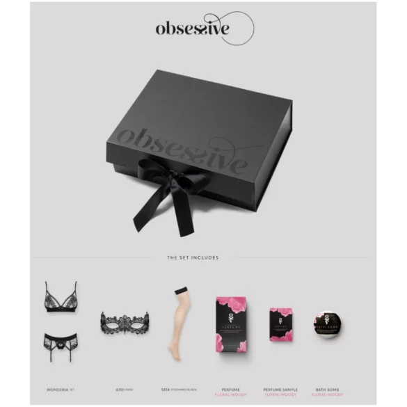 Obsessive Wonderia - Set di Lingerie in Scatola Regalo - 6 Pezzi (Nero) - L/XL