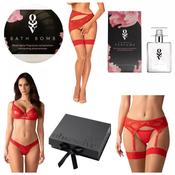 Obsessive - Set lingerie donna - cofanetto regalo 6 pezzi - rosso - L/XL