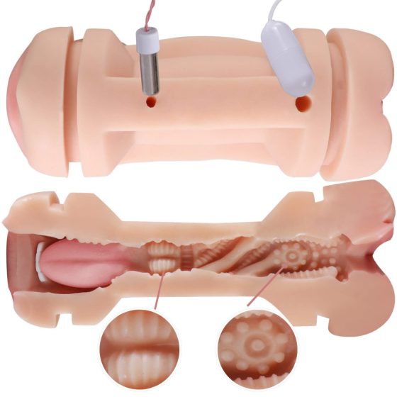 Masturbatore 2in1 con vibrazione, bocca e vagina artificiale ricaricabile (naturale-nero)