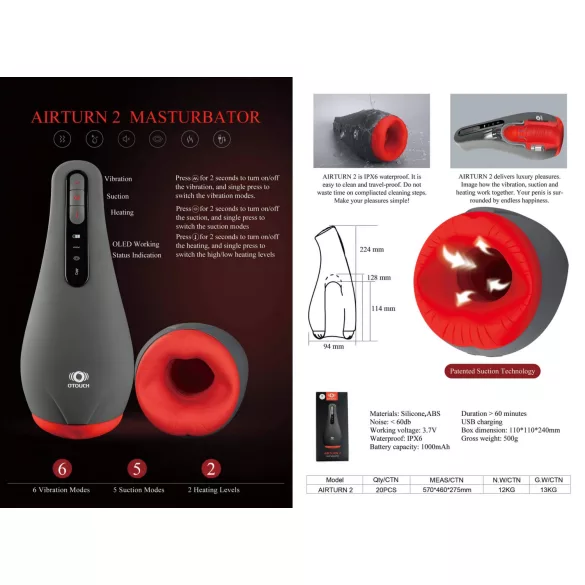 OTOUCH Airturn 2 - masturbatore a succhio ricaricabile - nero