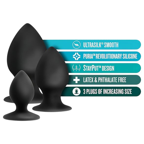 Anal Adventures Platinum Stout - set plug anale - 3 pezzi - nero