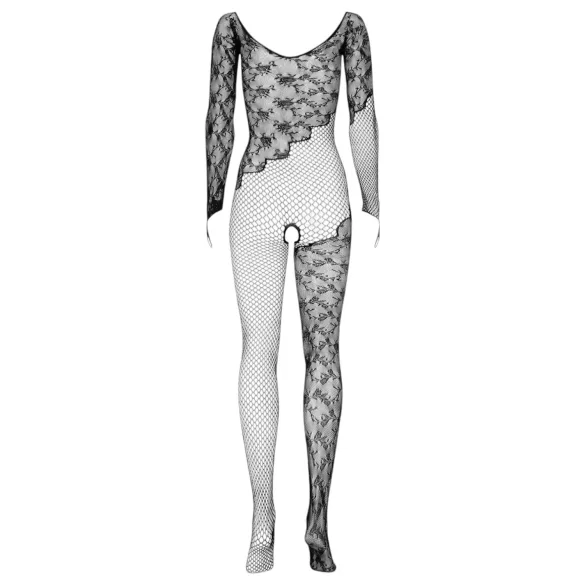 Obsessive F210 - tuta intera a rete nera, a maniche lunghe, con motivo a rose (S-L)