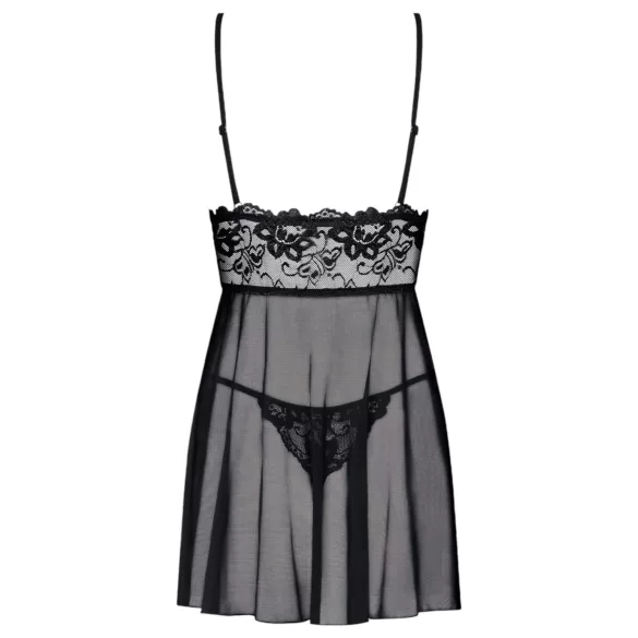 Idillio Ossessivo - camicia da notte leggera in pizzo e tanga (nero)