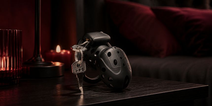 Gabbia di castità nera con chiavi su un comodino, dalla guida lovesexshop.it sex shop